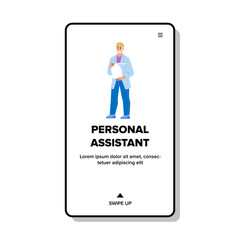Personal Assistant Standing With Tablet Vector. Businessman Personal Assistant Holding Digital Device For Managing Task. Character Man Employee Working Web Flat Cartoon Illustration