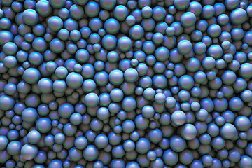 3d render of abstract art 3d background based on blue round circle small and big glass balls or spheres