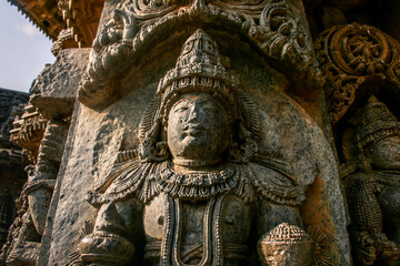 Highly detailed intrinsic carvings of 800 year old hindu temple at Somnathpur, Karnataka, India. ...