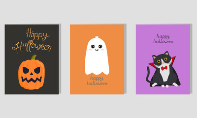 Vector Halloween greeting card, flyer, banner, poster templates with cute characters. Printable greeting cards illustration. Design for Halloween in traditional halloween colors