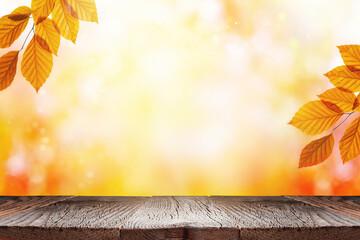 Empty wooden table and orange autumn leaves over blurred nature background. Fall background with...