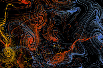 3d abstract multicolor background. Ornamental flowing swirl shapes wallpaper. Spiral line art tracery surface ornament. Textured geometric repeat backdrop. Modern striped spirals design. 