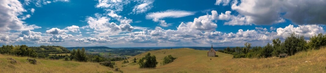 Panorama of the landscape with chapel on the Walberla in Franconian Switzerland; Panorama der Landschaft mit Kapelle auf dem Walberla in der fränkischen Schweiz