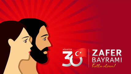 30 Augustos, Zafer Bayrami 2021 with man & woman, Turkish lettering - August 30 celebration of Victory Day. National Day in Turkey, banner with people and text. Vector illustration