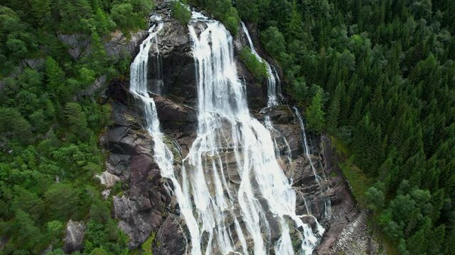 Aerial View of Norwegian Furebergfossen Waterfall. Vestland County.