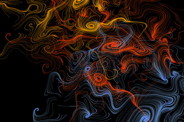 3d rendering stylish creative abstract background. Colored lines swirling in spiral. Motion design of particles shaping lines, helix and abstract structures. Blue, yellow, red