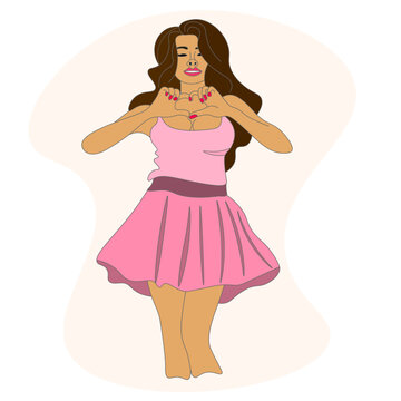 pretty brunette in a pink T-shirt and skirt shows a sign of heart, love. Perfect for greeting cards, invitations, Valentine's Day. The lady makes a cordial gesture. Vector.