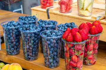 Strawberry and blueberry berries on a outdoor market