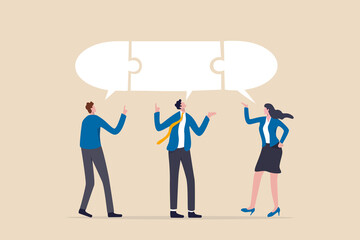 Compromise to get solution in business meeting, leadership to communicate and connect ideas in brainstorm session concept, smart business people team with connected jigsaw puzzle speech bubble. - obrazy, fototapety, plakaty