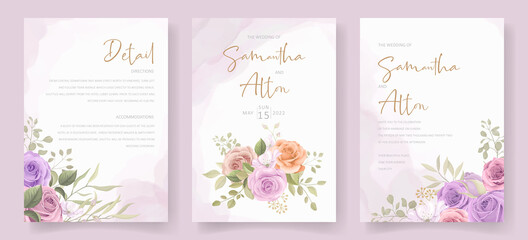 Wedding invitation card design with beautiful flower and leaf ornaments