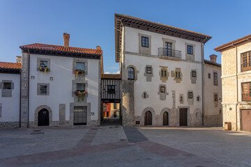 Santa Ana square in the old town of the beautiful village of Llanes in north of Spain at sunrise.