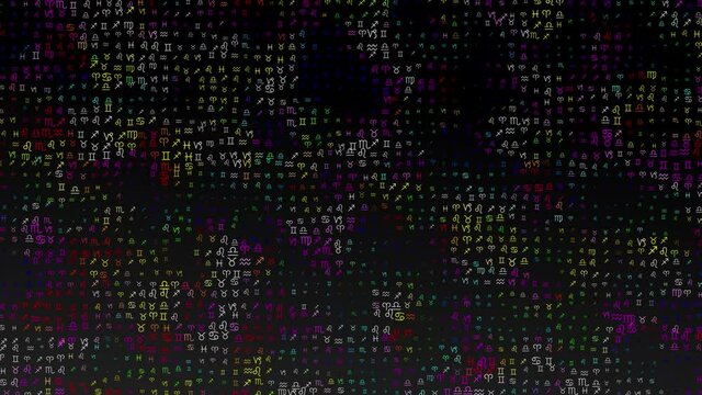 Colorful Zodiac Dark - 4096x2304, 29.97 fps
20 sec, perfectly looped.
The colorful zodiac signs move are lined up in a flat grid, then again blurred in a little chaos.