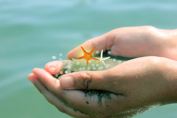 Fototapeta na wymiar sfondo mare con mani e stelle marine