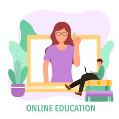 Online education concept vector illustration. Teacher teaching on computer screen. Student studying via internet.