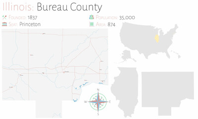 Large and detailed map of Bureau county in Illinois, USA.