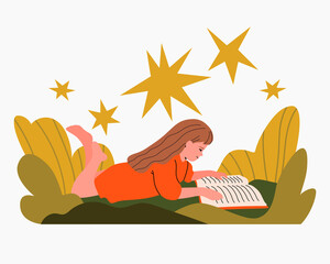 Girl reading book. Creative imagination concept, fairy tale. Vector illustration in cartoon flat style.