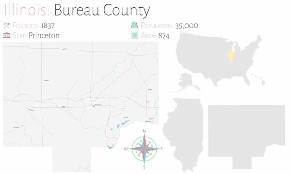 Large And Detailed Map Of Bureau County In Illinois, USA.