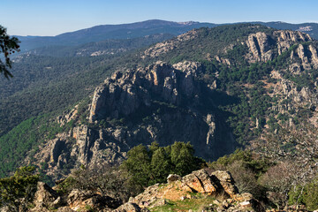 Views of one of the impressive mountain peaks of the Despeñaperros natural park. Photography made in Jaen, Andalucia, Spain. 