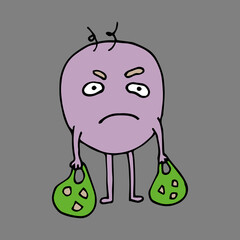 Funny girl character with different emotions. The girls are holding different cosmetics in their hands. Tired discontented girl with heavy bags in her hands. Vector. Isolated over white background