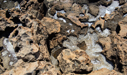 backgrounds and texture on the seashore in stone deposits flooded with water and the remains of sea salt frozen in time