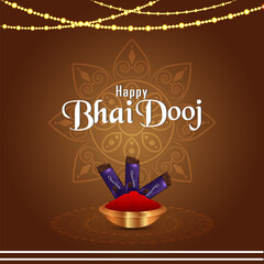 Happy bhai dooj celebration greeting card with chocolate and pooja thali