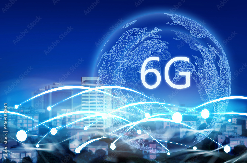 Poster 6g network wireless system. beautiful cityscape and network connection lines