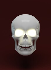 White human skull on dark red background. Design element for Halloween greeting card template. 3d render
