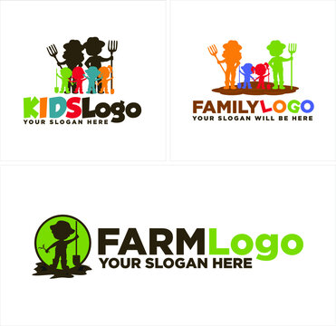 Colorful Line Art Vector Illustration Kids Boy Girl With Mom Dad Farmer Farming Logo Design