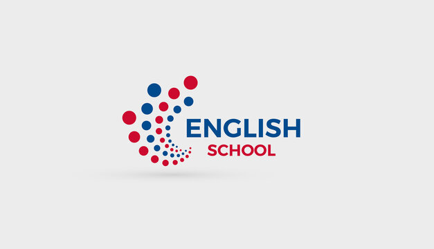 English School logo concept. Abstract bubbles dots logotype for education, english language learning, study course, virtual teaching work, training, communication and speak club, vector symbol design