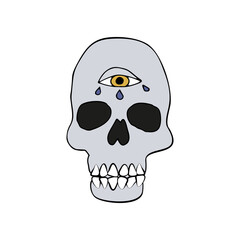 Vintage Mystic Skull with third eye drawing print Illustration. Doodle skull decorated with eye of wisdom