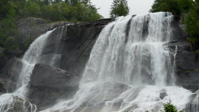 Norway Vestland County Furebergfossen Waterfall. Scenic Summer Norwegian Landscape.