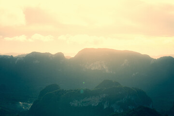 A beautiful, colorful, abstract mountain landscape with a hot summer haze in warm green tonality. Decorative, artistic look.