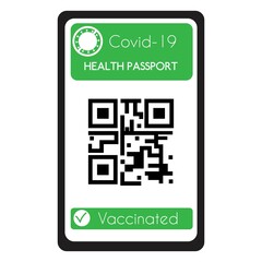 Vector illustration of health passport, vaccination certificate for Covid-19 on a mobile device with QR code in green and white color