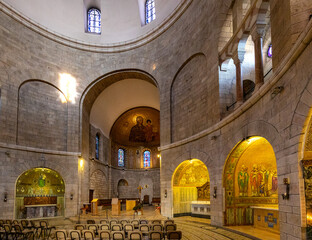 Interior chapels and main nave of Benedictine Dormition Abbey on Mount Zion, near Zion Gate ...