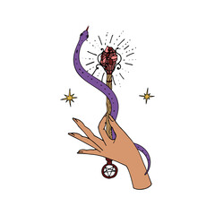 Vintage Mystic snake coiled around the magic wand hold in hand. Sacred Serpent and rod illustration drawing print