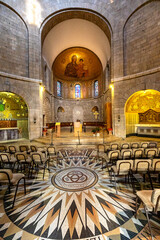 Apse and main nave floor mosaic of Benedictine Dormition Abbey on Mount Zion, near Zion Gate  outside walls of Jerusalem Old City in Israel