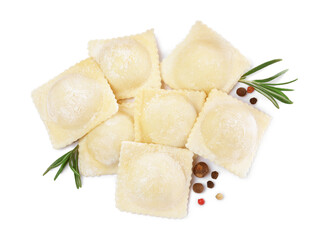 Uncooked ravioli, rosemary and peppercorns on white background, top view