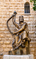 King David statue at Benedictine Dormition Abbey on Mount Zion, near Zion Gate  outside walls of...