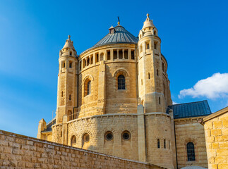 Fototapeta na wymiar Benedictine Dormition Abbey on Mount Zion, near Zion Gate outside walls of Jerusalem Old City in Israel