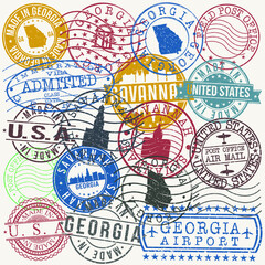 Savannah, GA, USA Set of Stamps. Travel Stamp. Made In Product. Design Seals Old Style Insignia. - obrazy, fototapety, plakaty