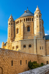 Fototapeta na wymiar Benedictine Dormition Abbey on Mount Zion, near Zion Gate outside walls of Jerusalem Old City in Israel