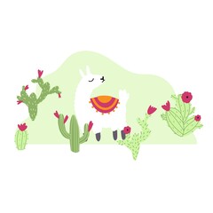 Vector cute lama with cactus in cartoon hand drawn childish style. Funny animal character for nursery, baby apparel, textile and product design, wallpaper, wrapping paper, card, scrapbooking