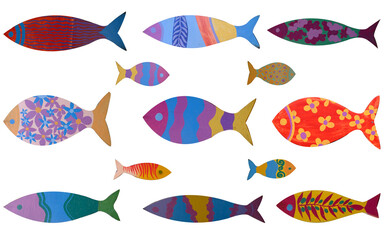 Fototapeta na wymiar colourful painted fish models isolated.
