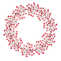 Watercolor wreath of rowan branches with red berries. Frame for family cards and invitations. Christmas wreath. Isolated clipart element on white background