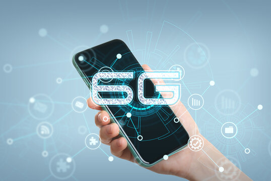 Woman using smartphone with 6G network system against light blue background, closeup