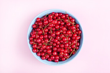 Fresh red currant in wooden bowl on dark table