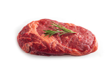 Raw rib eye steak of beef with rosemary isolated on white background
