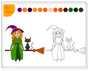 coloring book for children by colors, cartoon witch sitting on a broom with a black cat, halloween. vector isolated on a white background