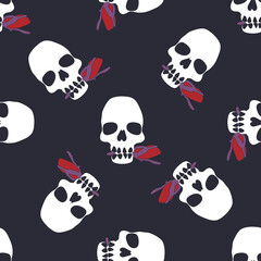 Halloween seamless pattern with stylized human skulls. Stock illustration.