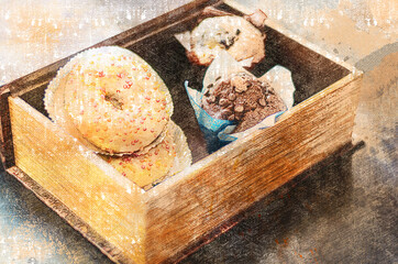 Donuts in an open wooden box. Set of different sweet treats in a